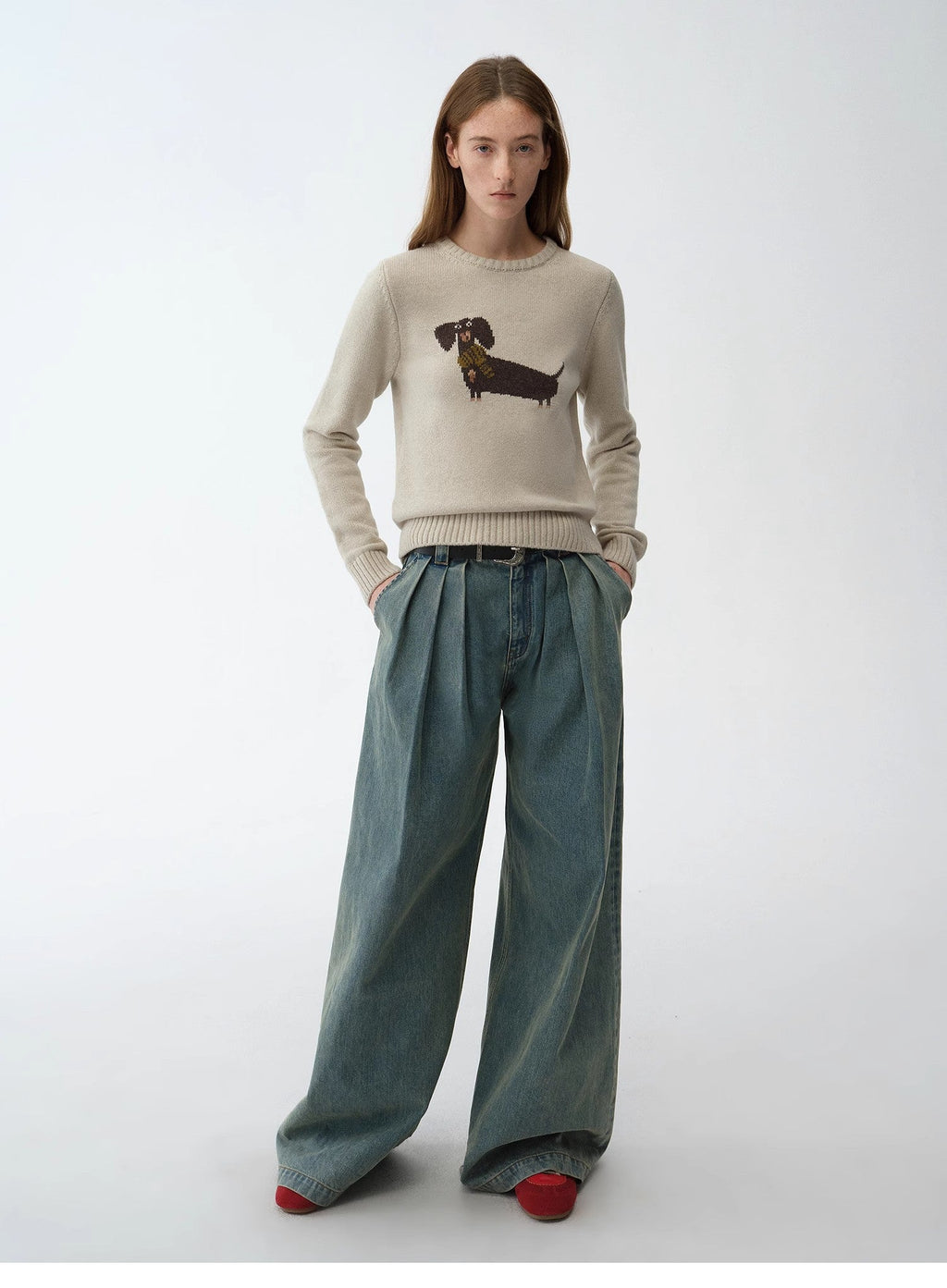 Brani Superfine Merino Wool Cotton Blend Animal Jacquard Round Neck Sweater for Women