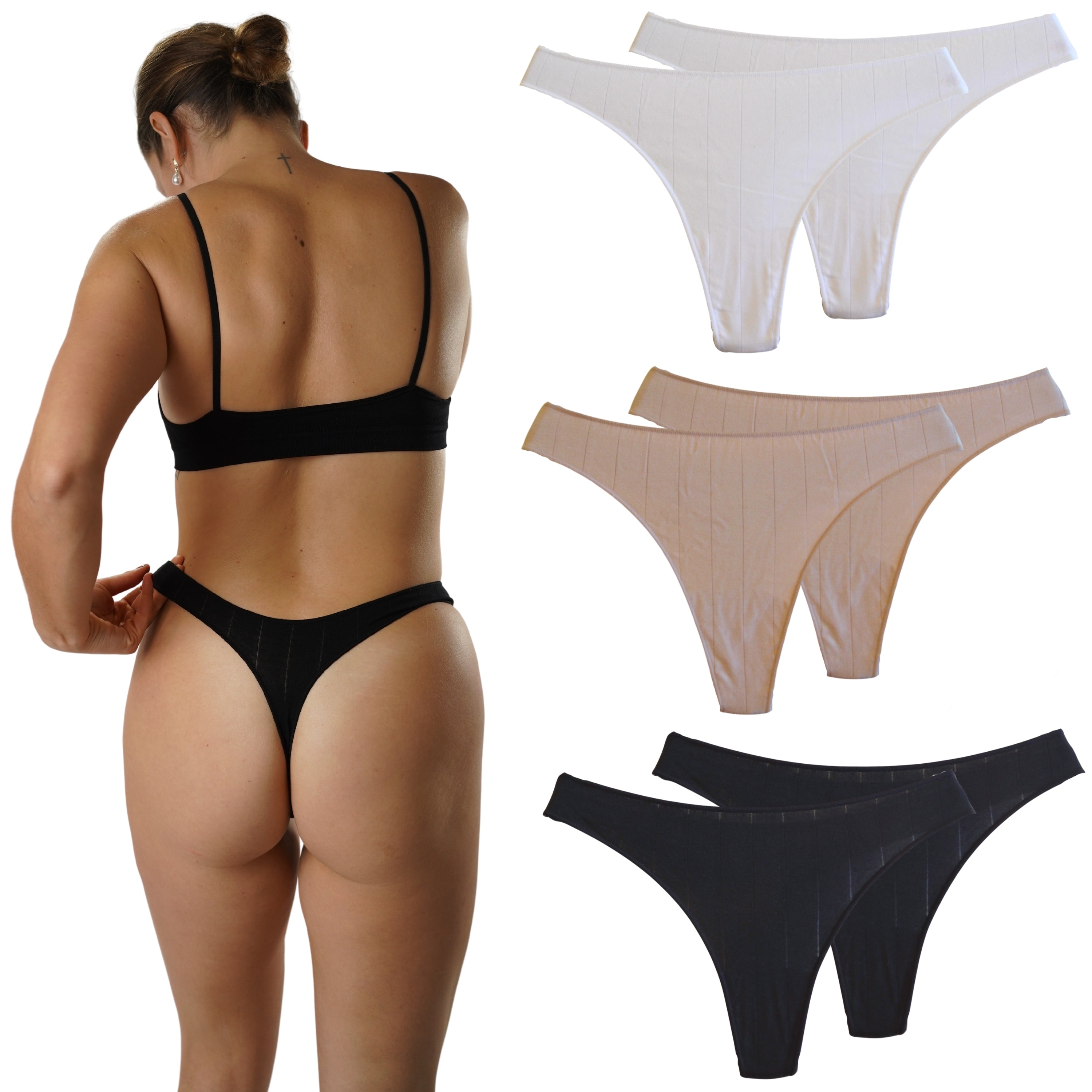 FEVI | Pack de 6 Tangas | 95% Algodón | Suaves y Transpirables | en 1 o 3 Colores: Negro, Beige, Blanco