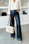 Pocketed Straight Wide Leg Faux Leather Pants