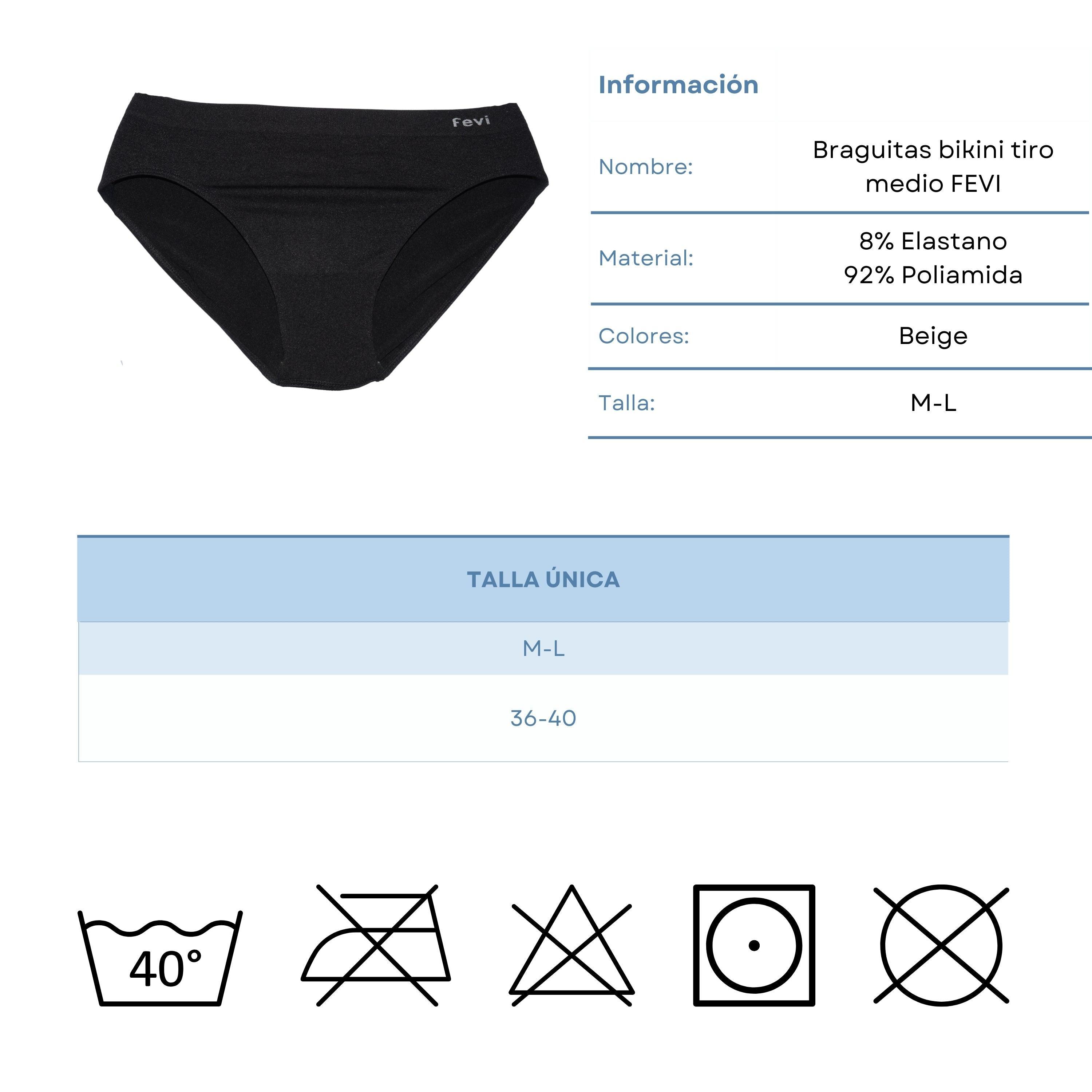 FEVI | Pack de 6 Braguitas Tiro Medio en 1 o 3 Colores Diferentes: Blanco, Negro y Beige | Talla única M-L