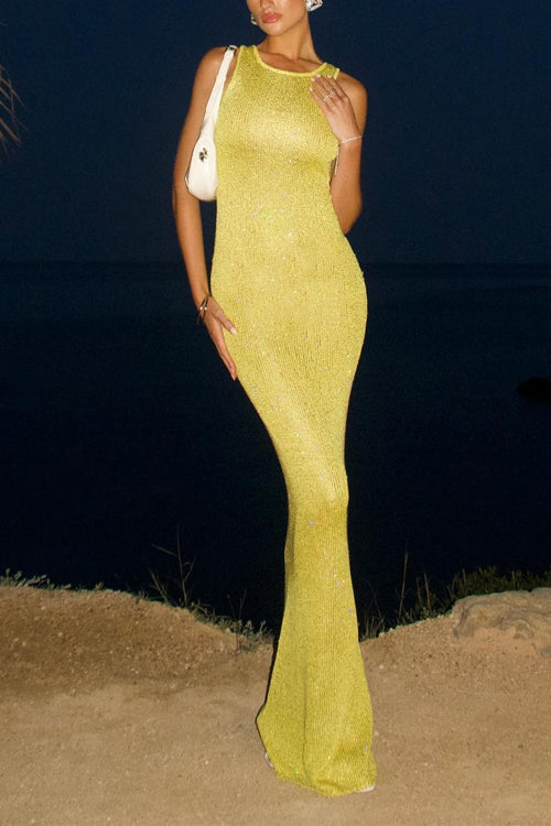 Round Neck Sleeveless Bodycon Glitter Maxi Party Dress