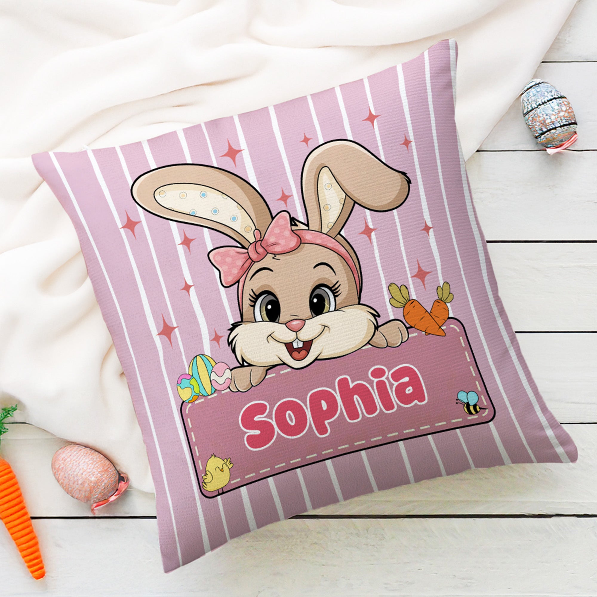 Personalizado lindo conejito raya almohada cubierta con nombre decoración del hogar Pascua cumpleaños regalo para los niños