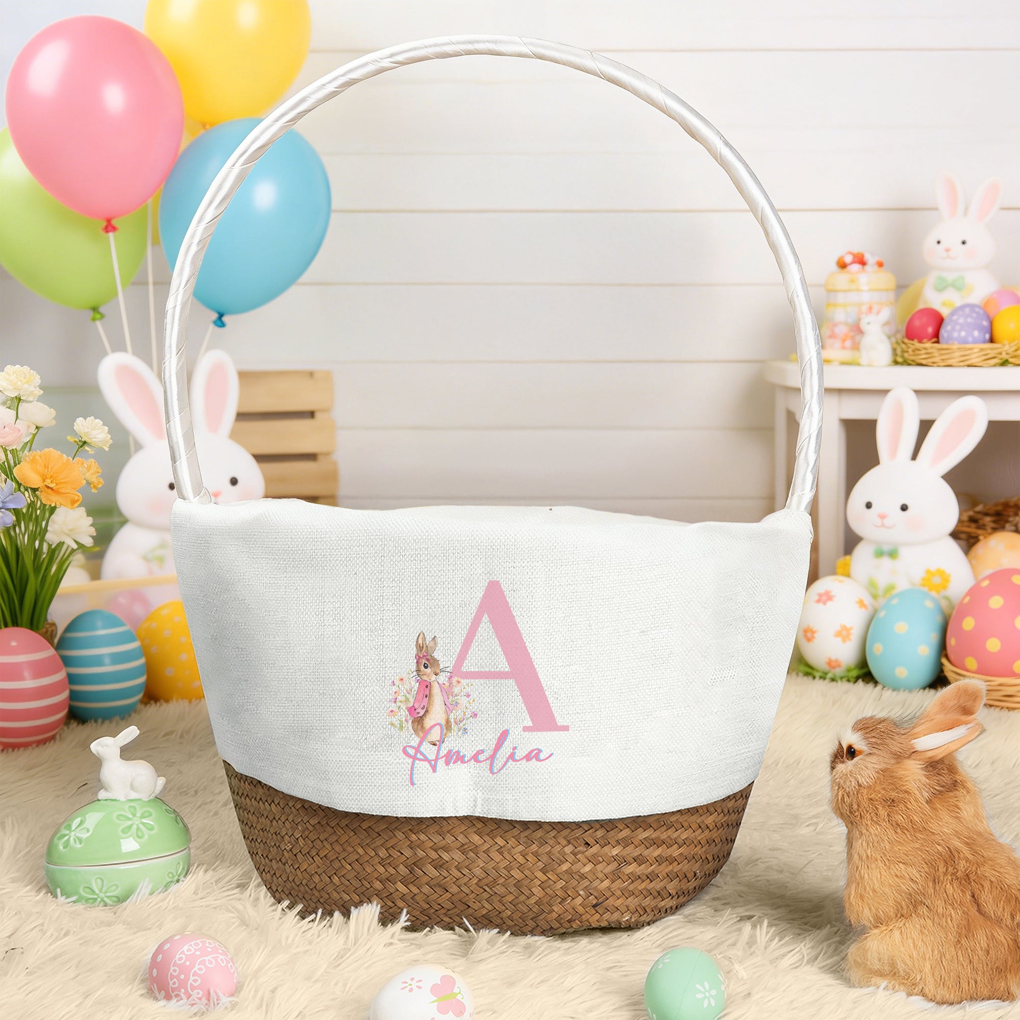 Cesta de Pascua Personalizada Peter Rabbit con Nombre e Inicial Fiesta de Pascua Huevos de Caza Regalo para Niños
