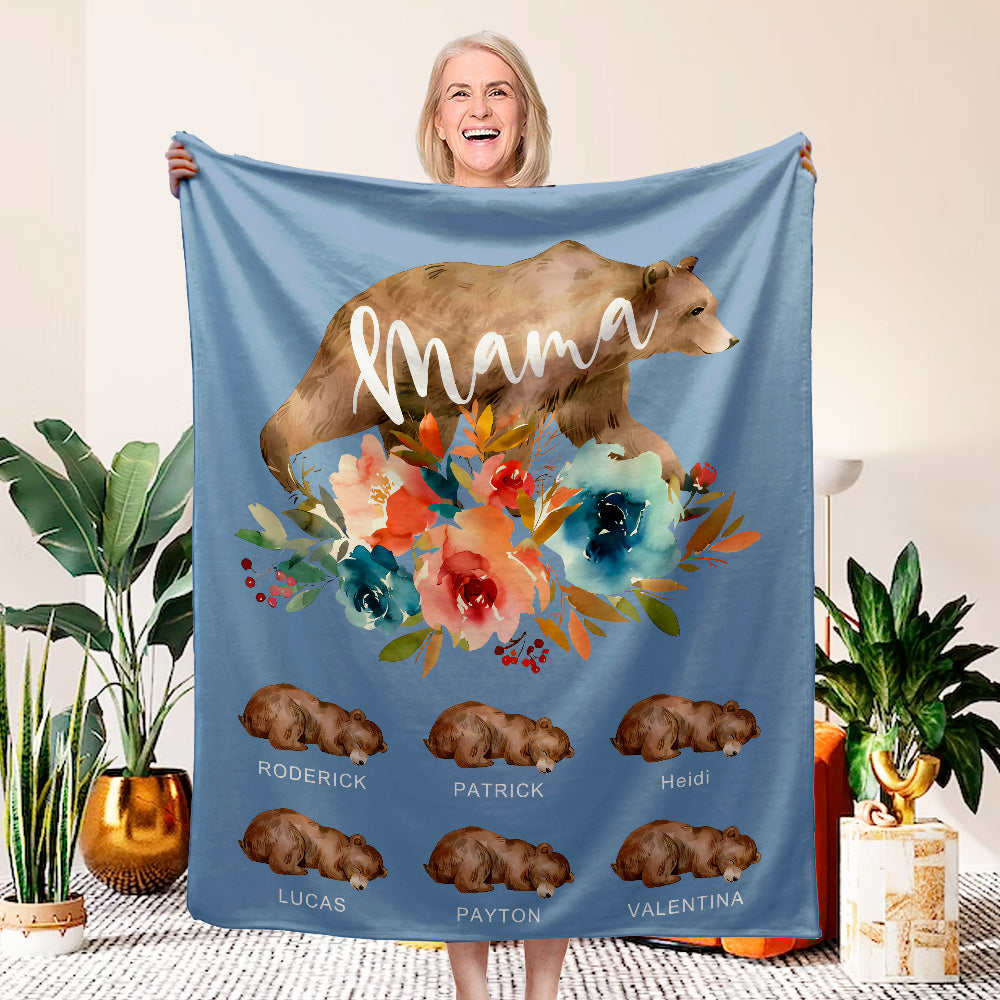 Personalizado lindo oso acuarela mamá y los niños floral suave manta con nombre cumpleaños Día de la Madre Aniversario regalo para mamá abuela
