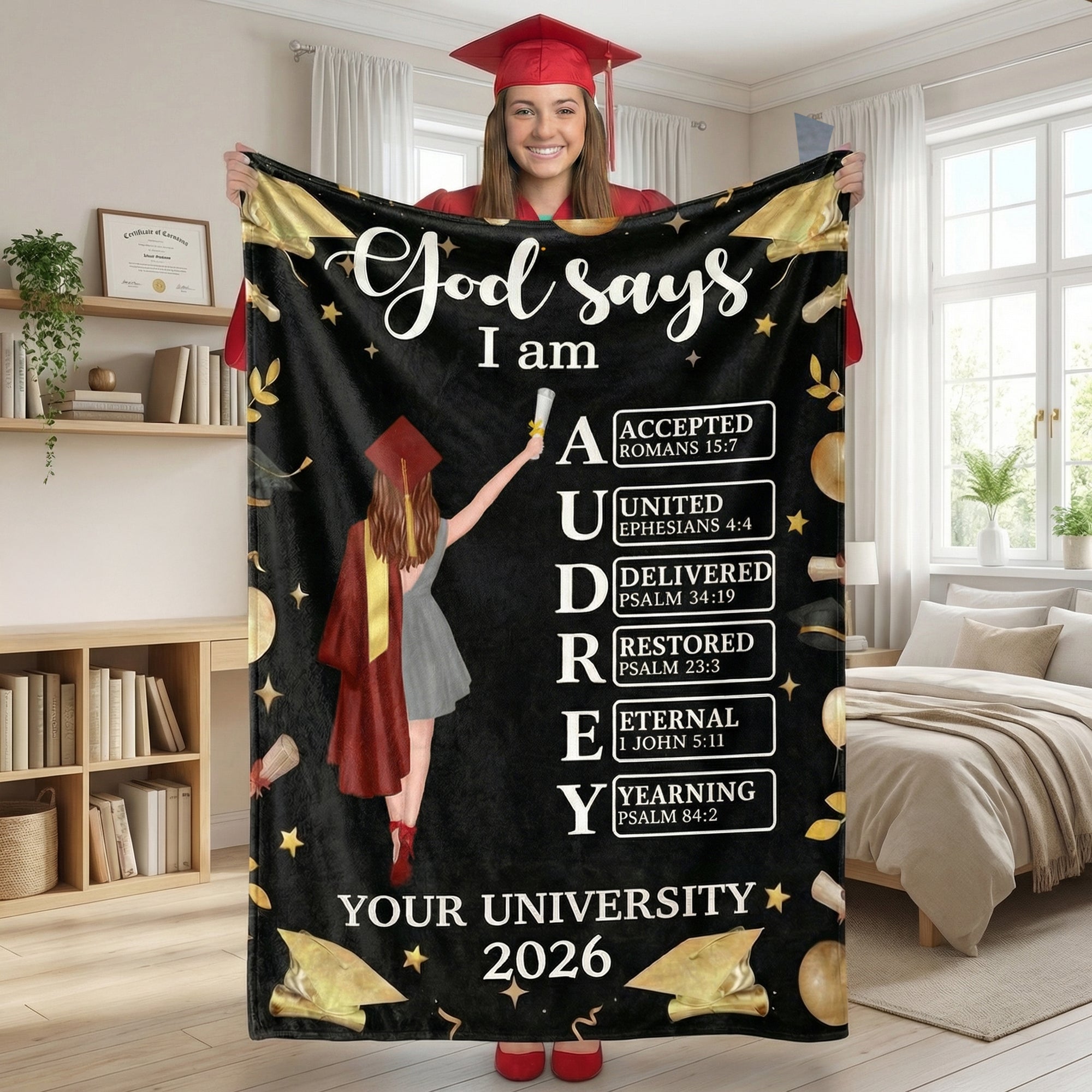 Personalizado Cartoon Graduate Character God Says I Am Nombre de la Biblia Suave manta con el año y la escuela Regalo de Graduación para 2026 Graduados