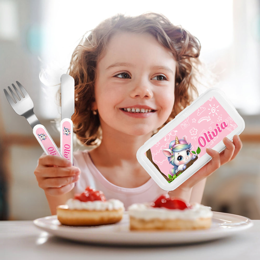 Personalizado lindo cachorro fantasía unicornio animal seguro de acero inoxidable niño tenedor cuchara cuchillo 3 piezas juego de cubiertos con el nombre y el caso regalo de cumpleaños para los niños