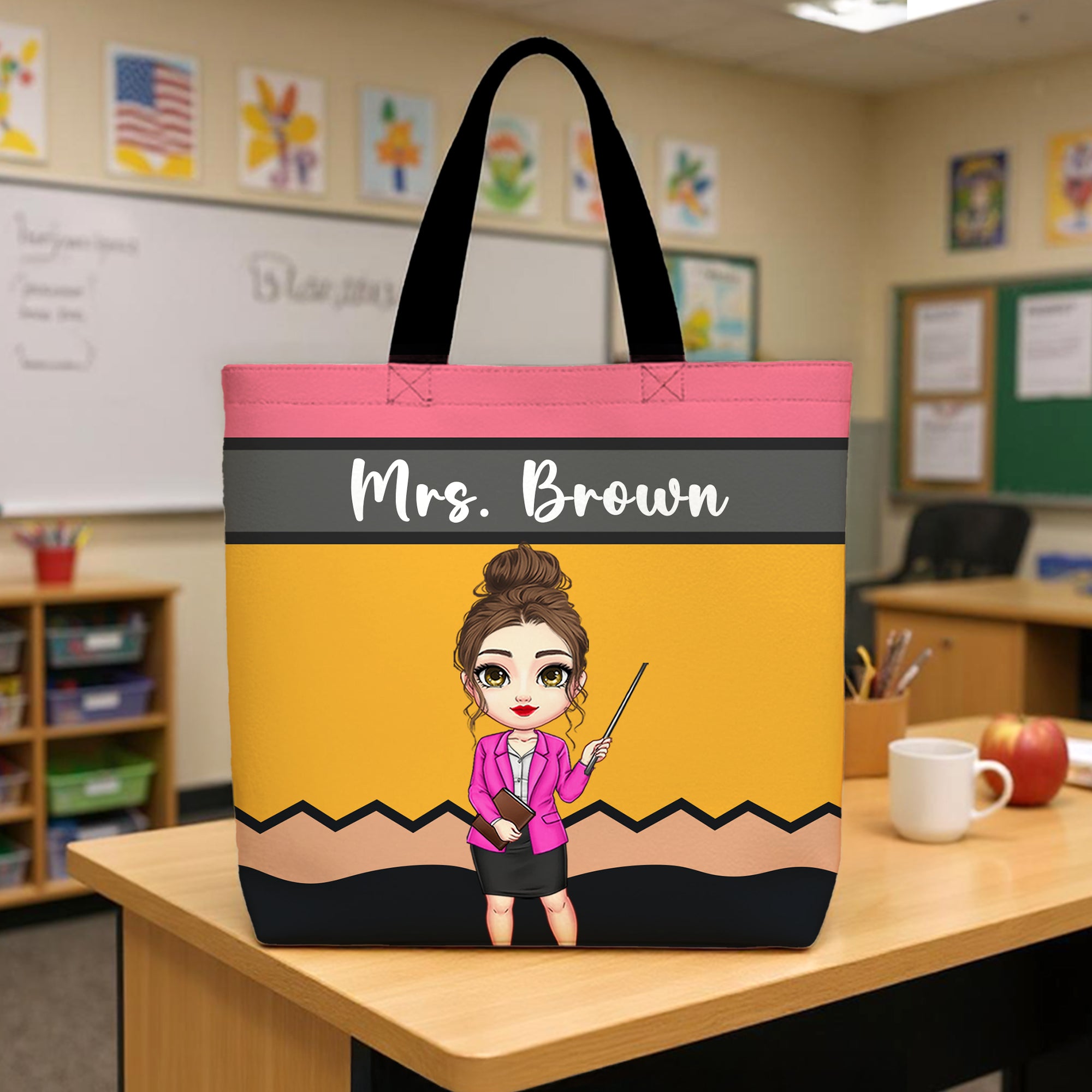 Personalizada lápiz de dibujos animados Profesor de gran capacidad Bolsa de asas con nombre Día del Maestro de vuelta a la escuela Apreciación de Regalo para el Maestro