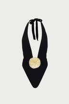 Rosette V One Piece (Faux Suede Black/Cream)