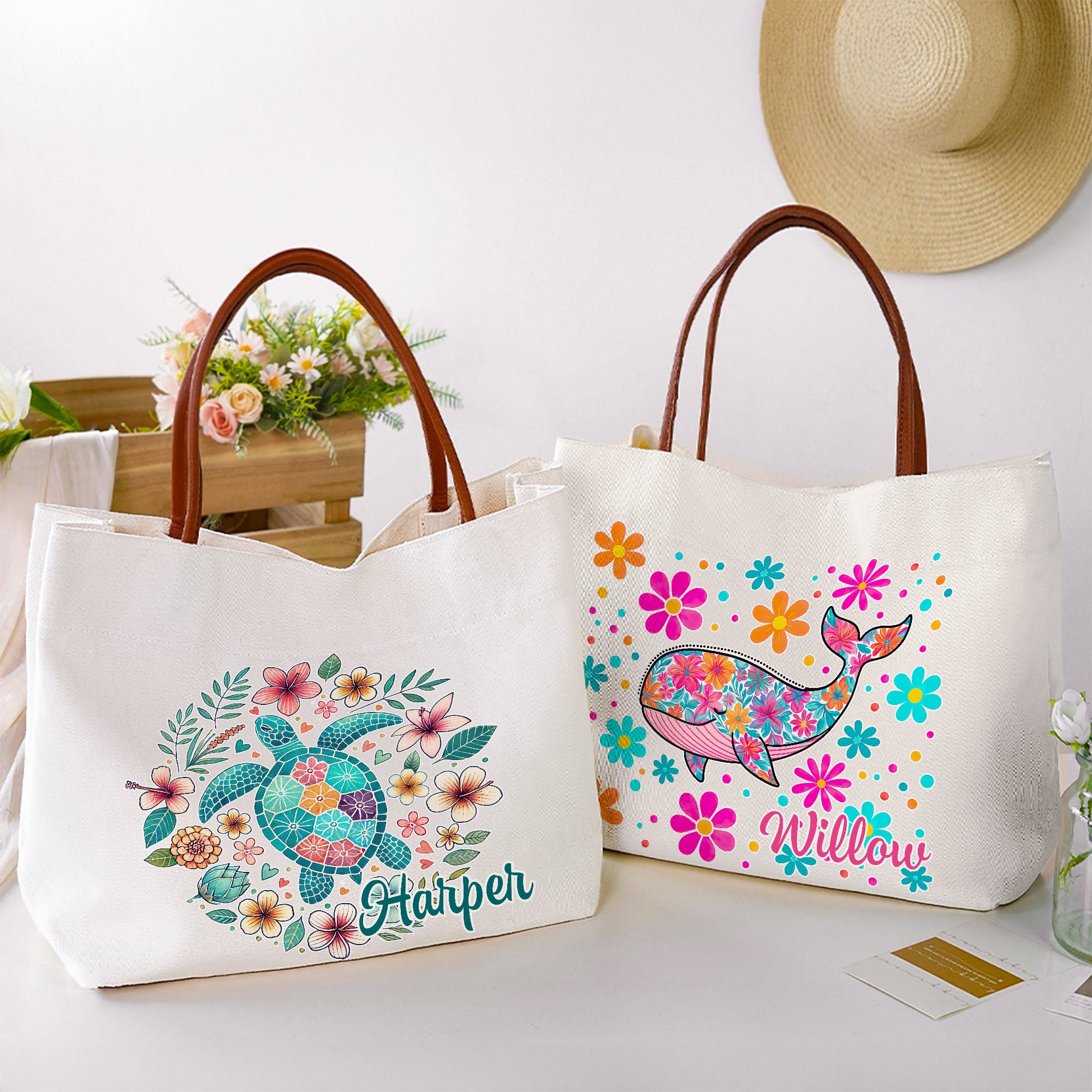 Personalizada Floral Tortuga Caballito de mar Ballena Delfín Bolsa de lona con nombre y asa de piel Fiesta de cumpleaños Regalo para mujer