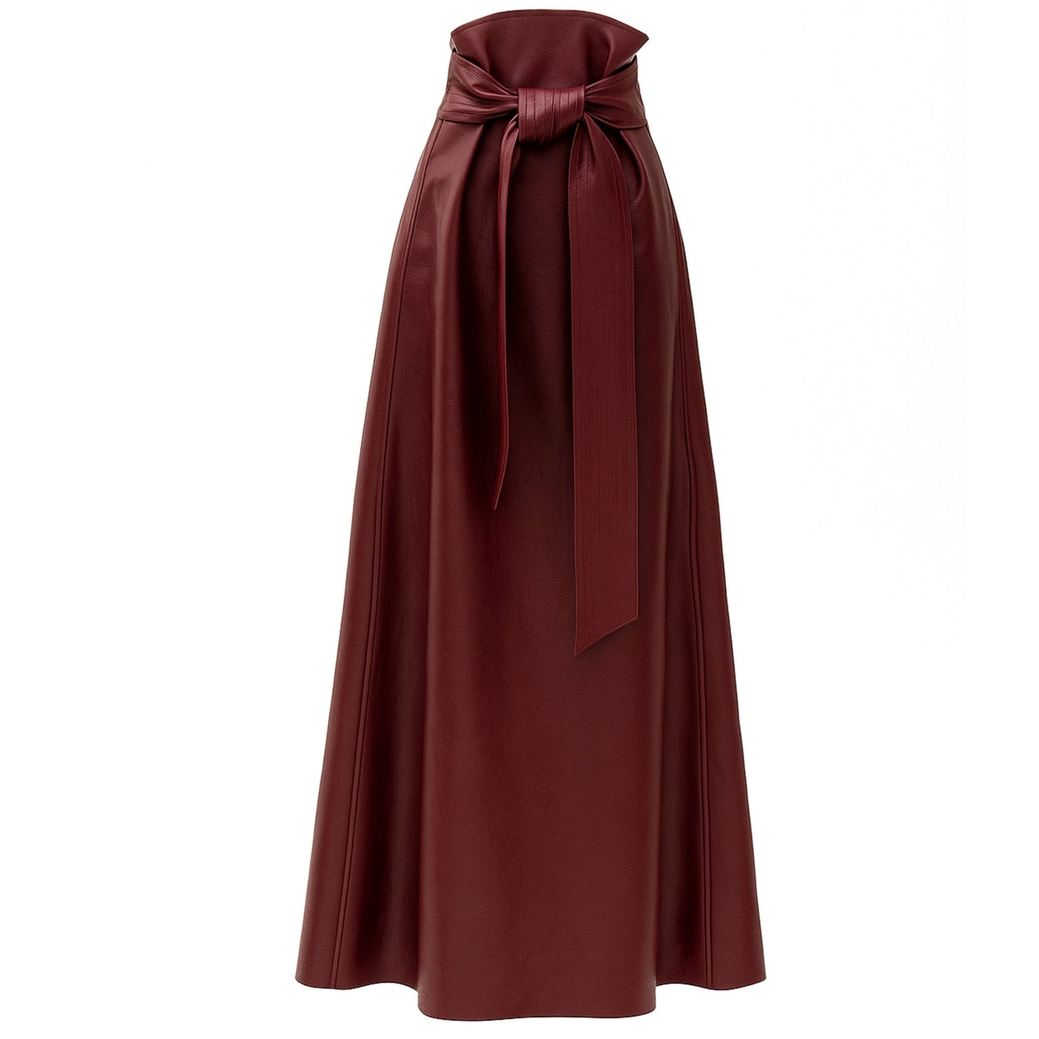 Faux Leather High-Waisted A-Line Skirt With Belt Burgundy