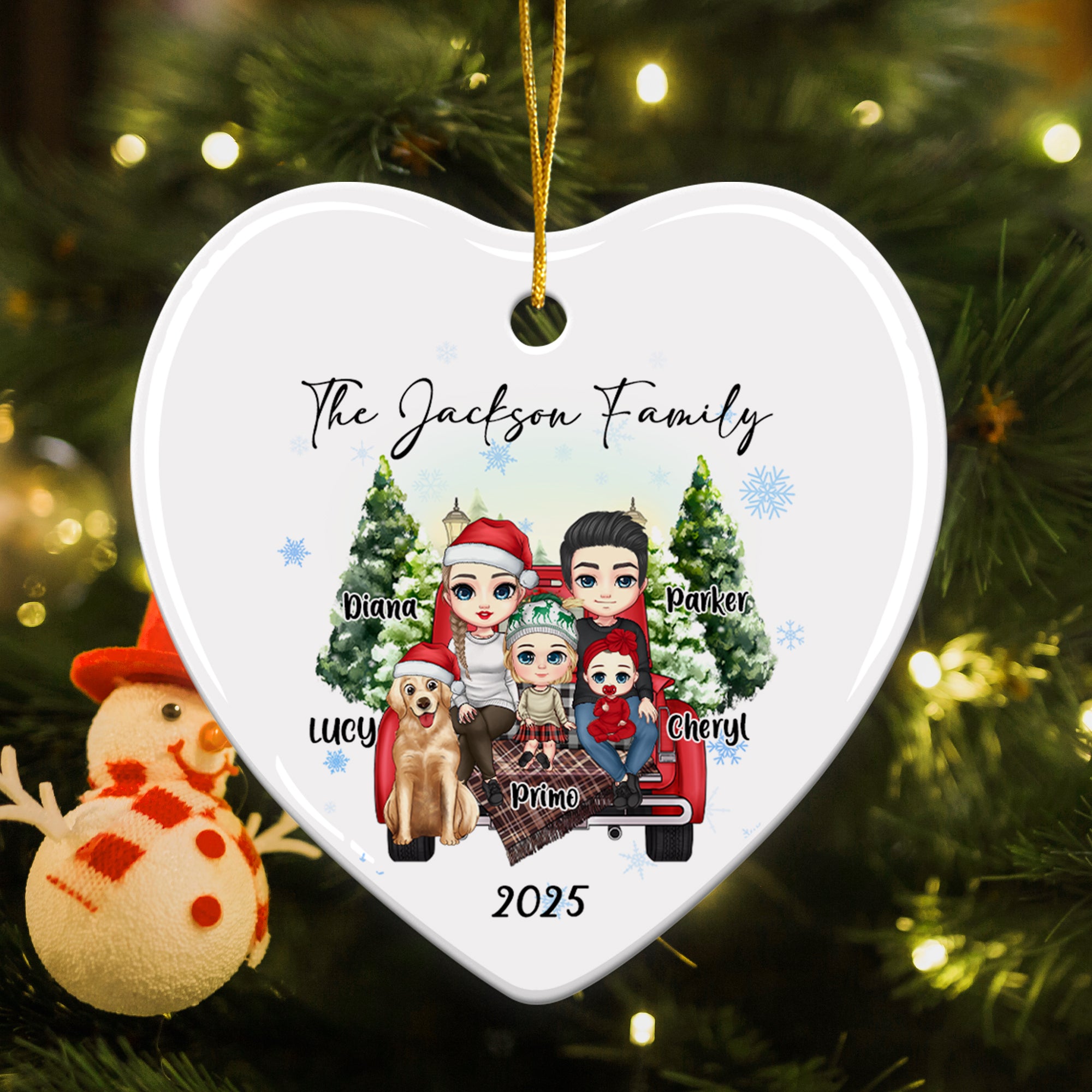 Árbol de Navidad personalizado Personaje de dibujos animados Adorno de cerámica en forma de corazón con nombre y título Decoración del hogar Regalo de Navidad para la familia