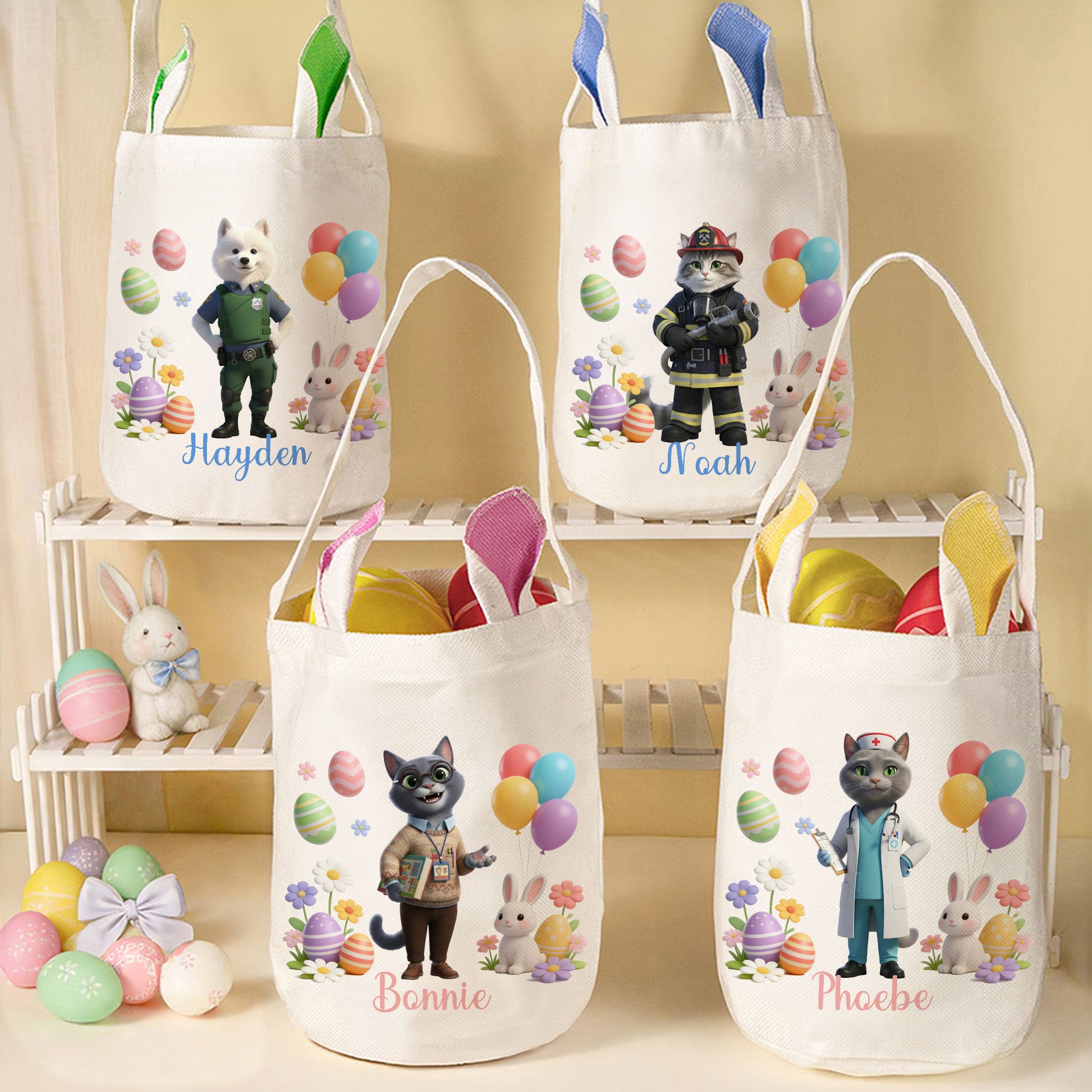 Cesta de Pascua reutilizable con cara y nombre de mascota Accesorios para la caza del huevo Regalo de Pascua para el amante de las mascotas