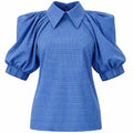 Designer Plaid Puff Sleeve Blouse - Blue