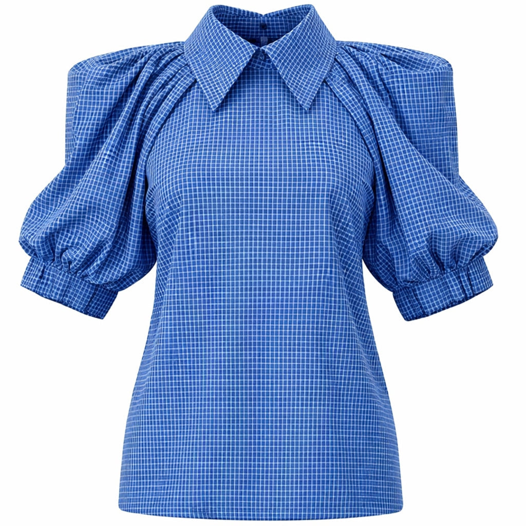 Designer Plaid Puff Sleeve Blouse - Blue