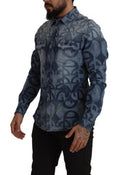 Blue Denim Stretch Dg Logo Casual Mens Slim Shirt Cotton