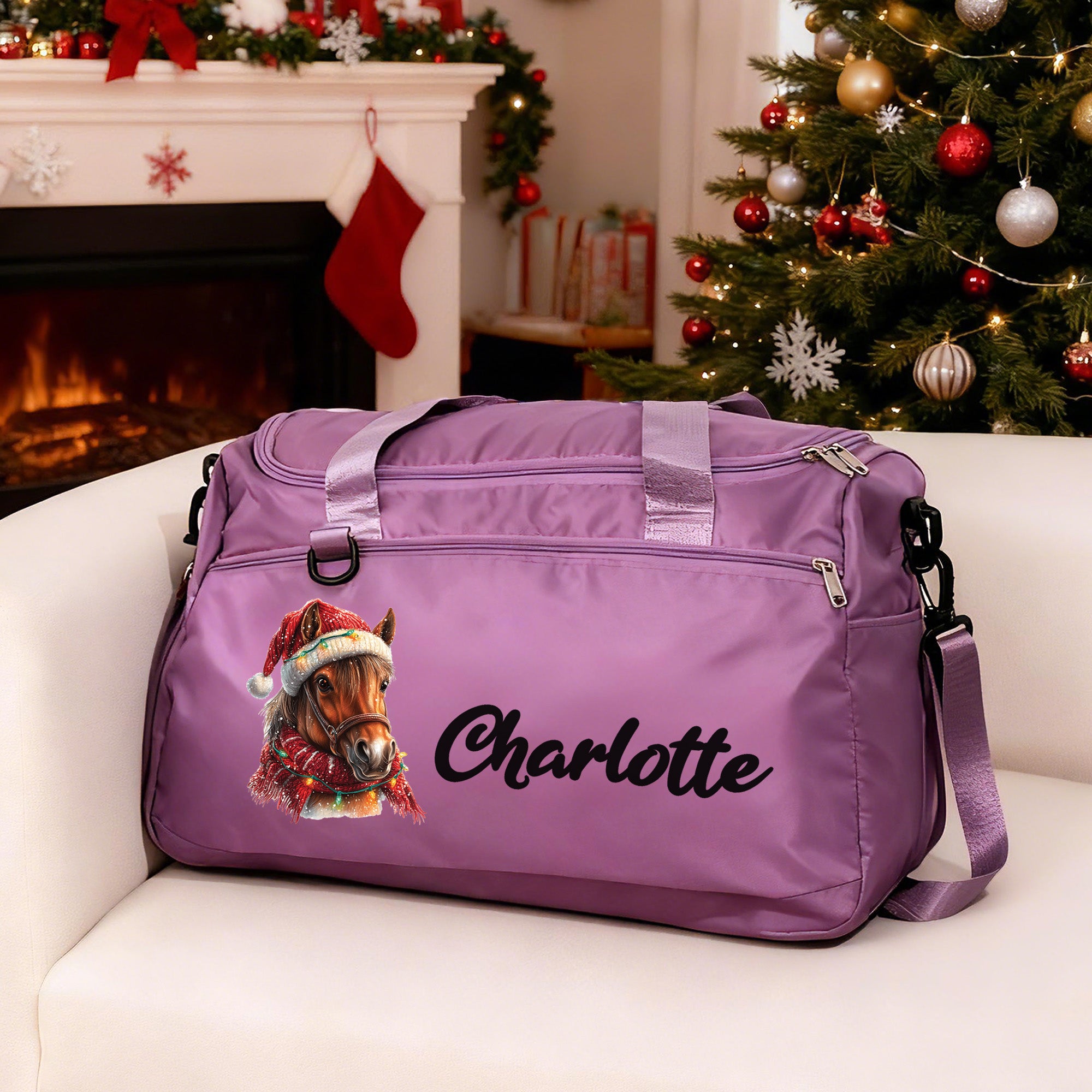 Bolsa de viaje Oxford personalizada con nombre y correa para el hombro para caballos Regalo de Navidad para los amantes de la hípica
