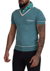 Blue Silk Polo Top Mens V-Neck T-Shirt