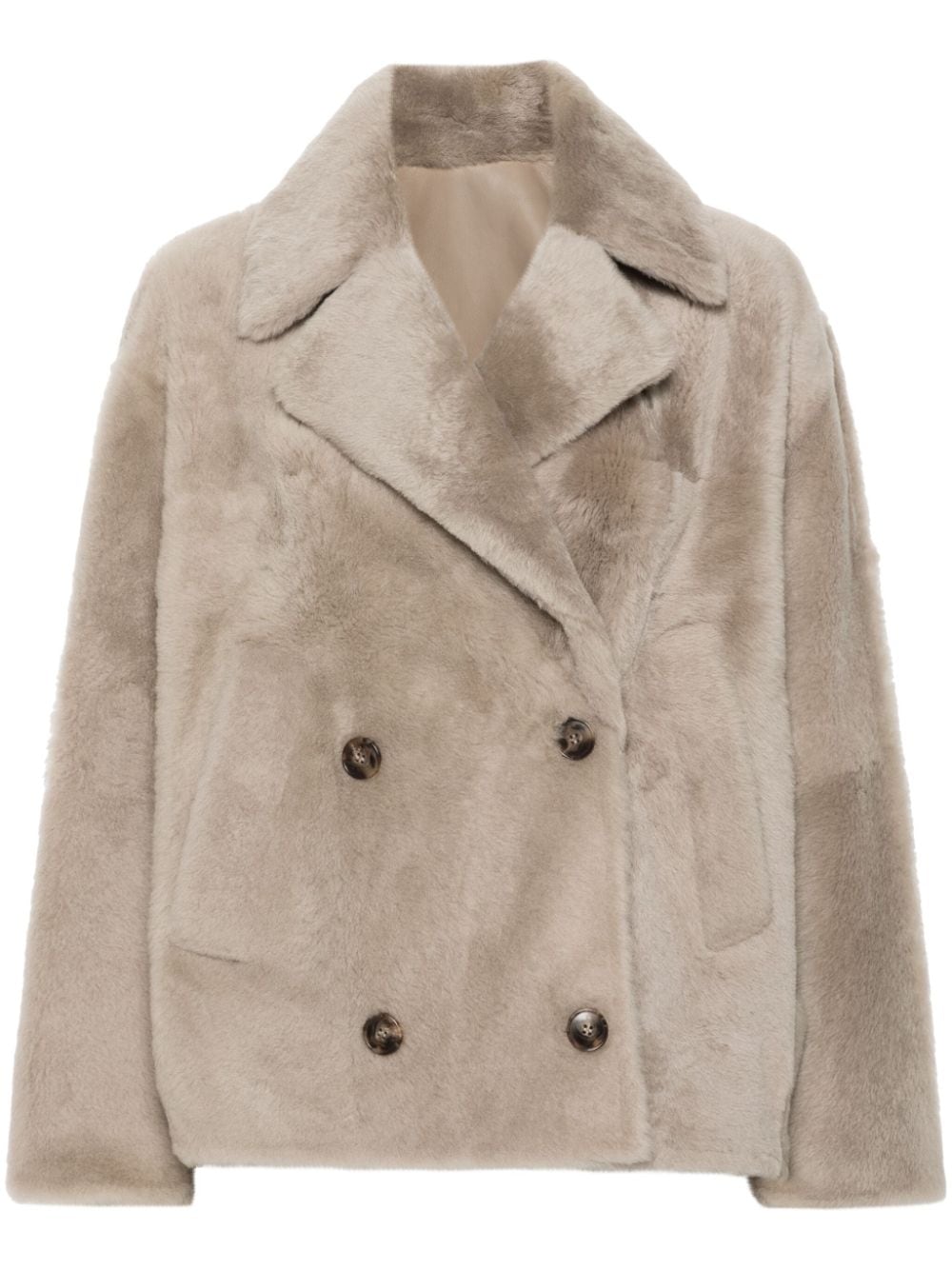 Yves Salomon Lamb Fur Double-Breasted Coat — Beige