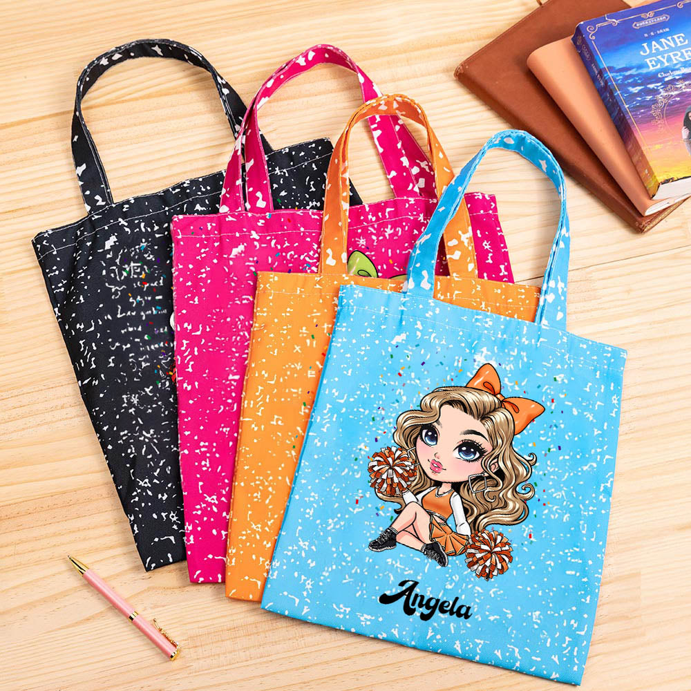 Personalizado Cheerleading Chica Mármol Textura Bolsa de lona con nombre de gran capacidad Commuter Accesorio Día del Juego Regalo de cumpleaños para las mujeres