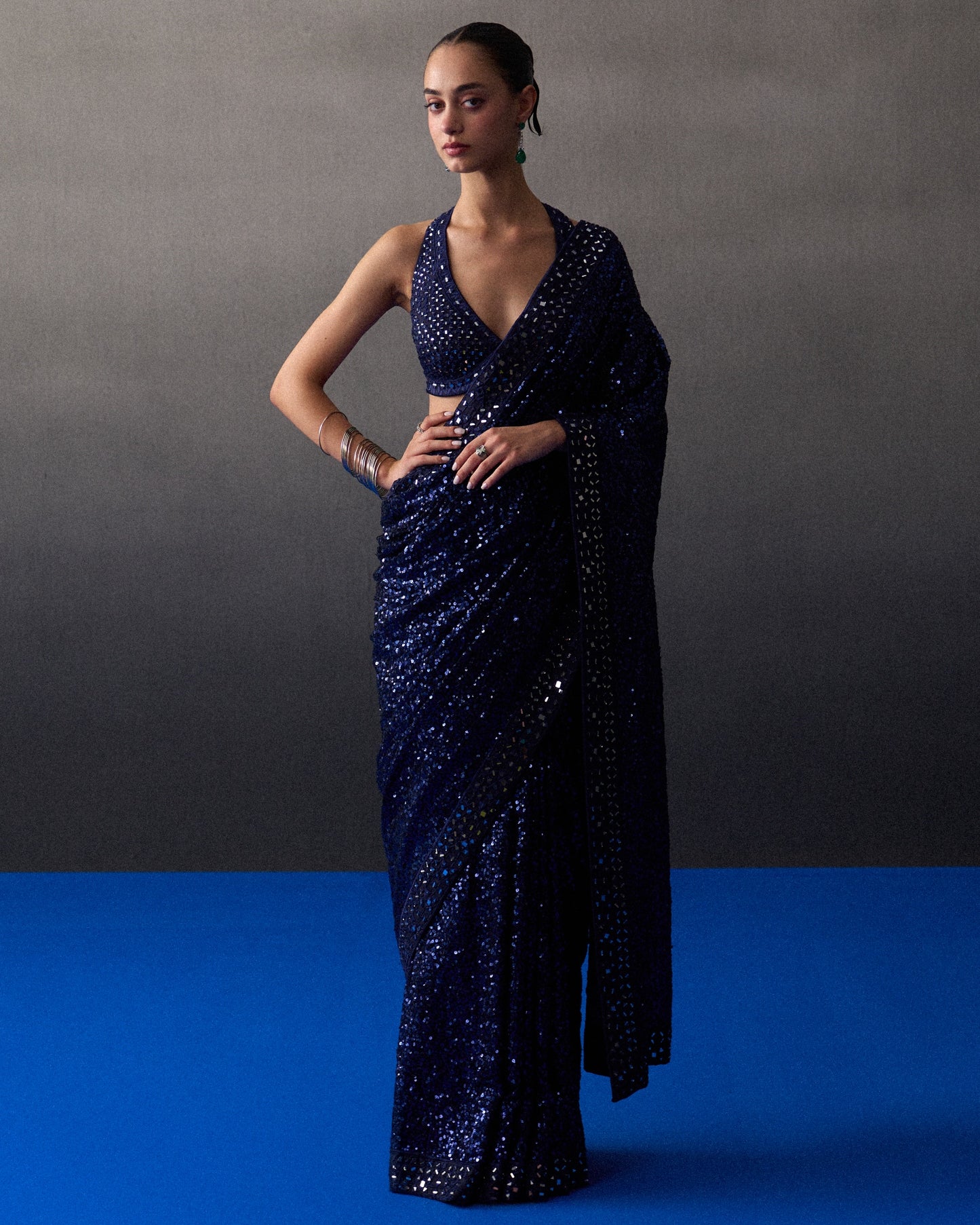 Midnight Blue Sequins Sari By KYNAH, Luxury Indian Fashion & Bridal Wear