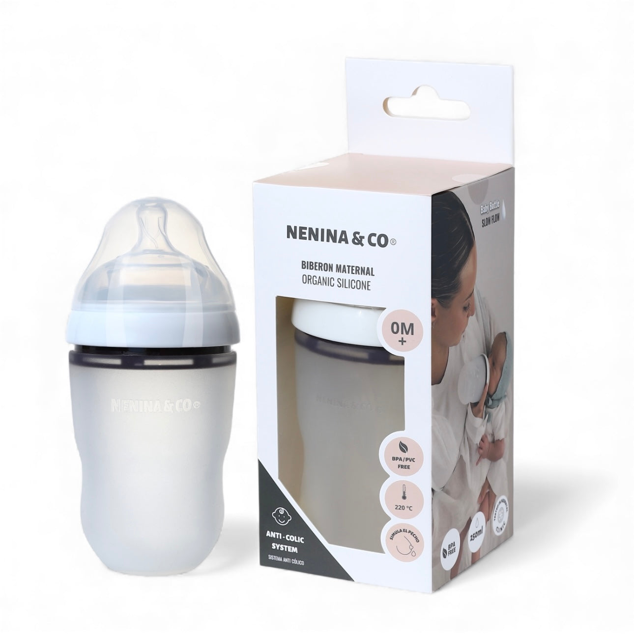 Pack Biberon Blanco flujo lento + Chupete Clásico Gris Nenina & Co