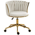 Velvet-feel Fabric Swivel Vanity Chair with Woven Back, Adjustable Height, Rolling Wheels for Makeup, Cream White