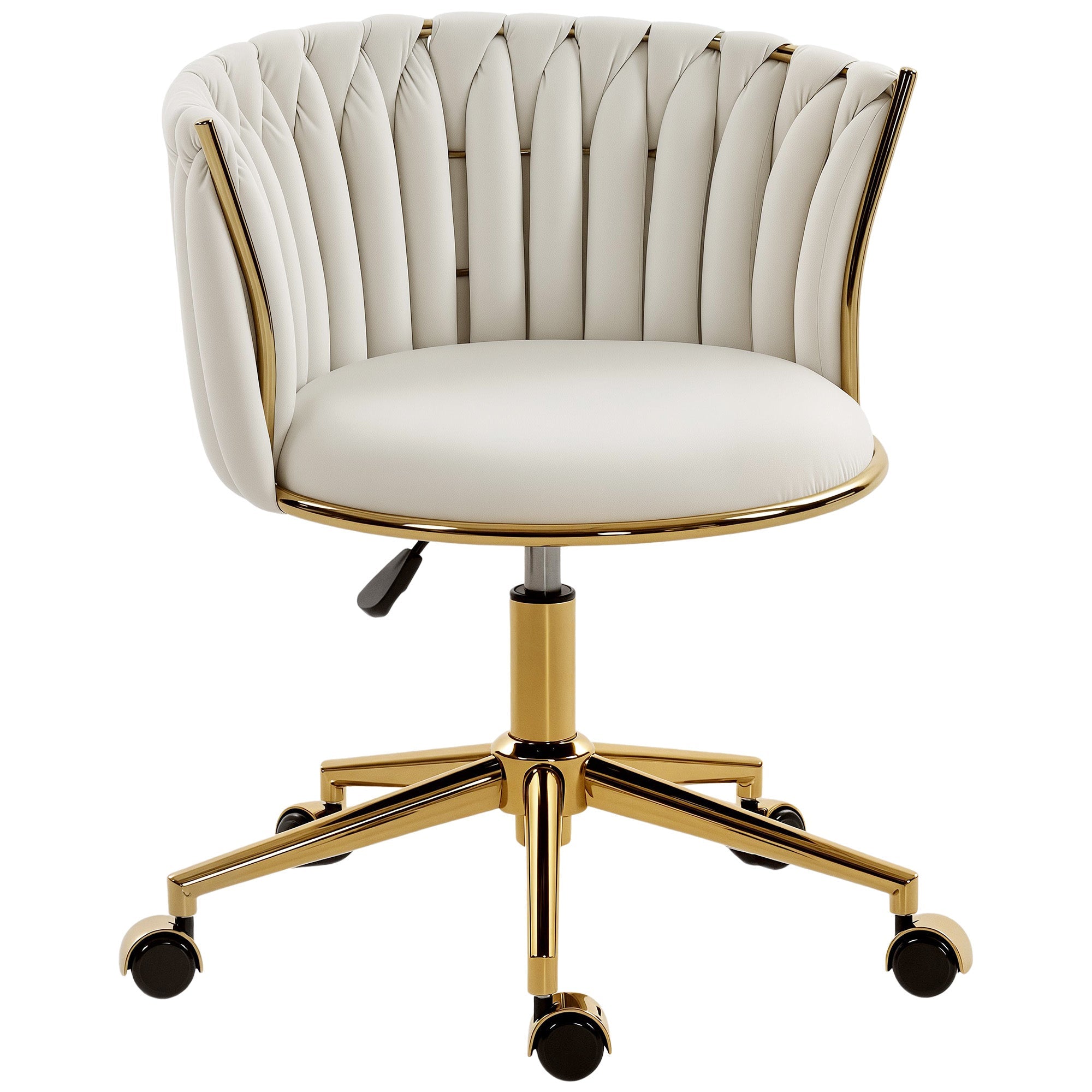 Velvet-feel Fabric Swivel Vanity Chair with Woven Back, Adjustable Height, Rolling Wheels for Makeup, Cream White