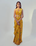 Yellow Floral Print Pre-Draped Sari Set By KYNAH, Luxury Indian Fashion & Bridal Wear