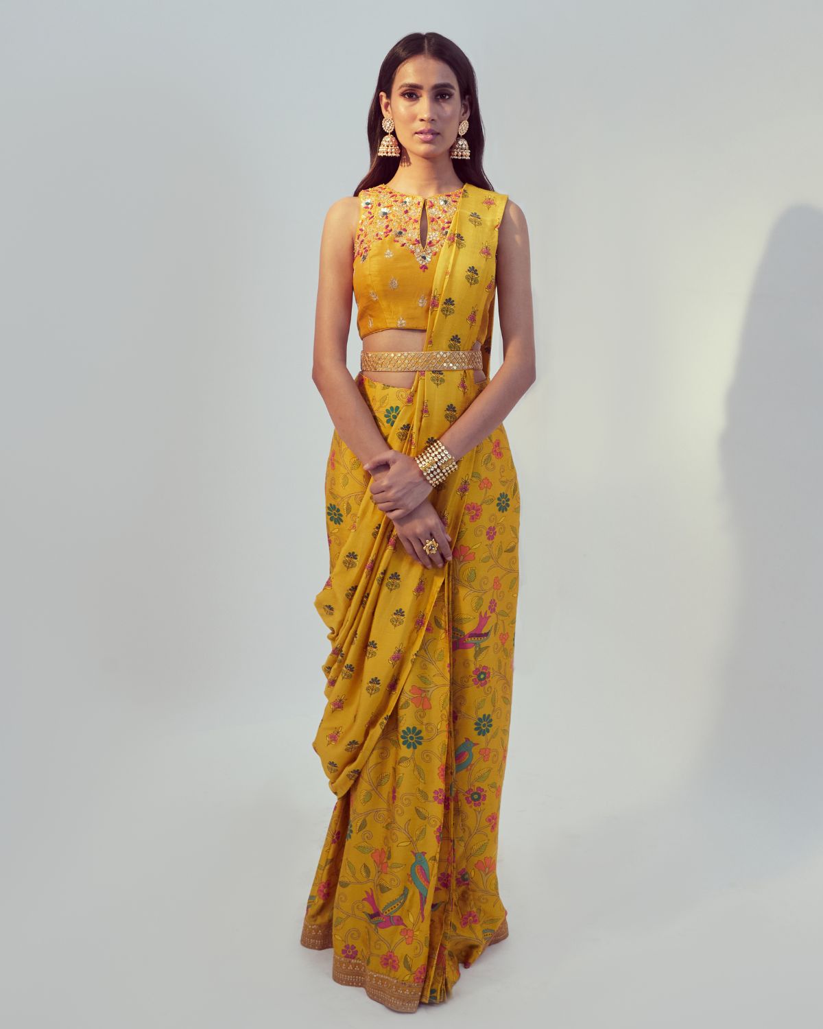 Yellow Floral Print Pre-Draped Sari Set By KYNAH, Luxury Indian Fashion & Bridal Wear