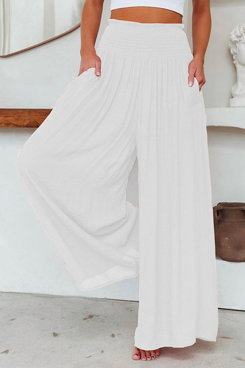 Smocked Elastic Waist Pleated Wide Leg Pants