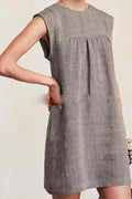 Ruched Short Sleeve Cotton Linen Babydoll Dress