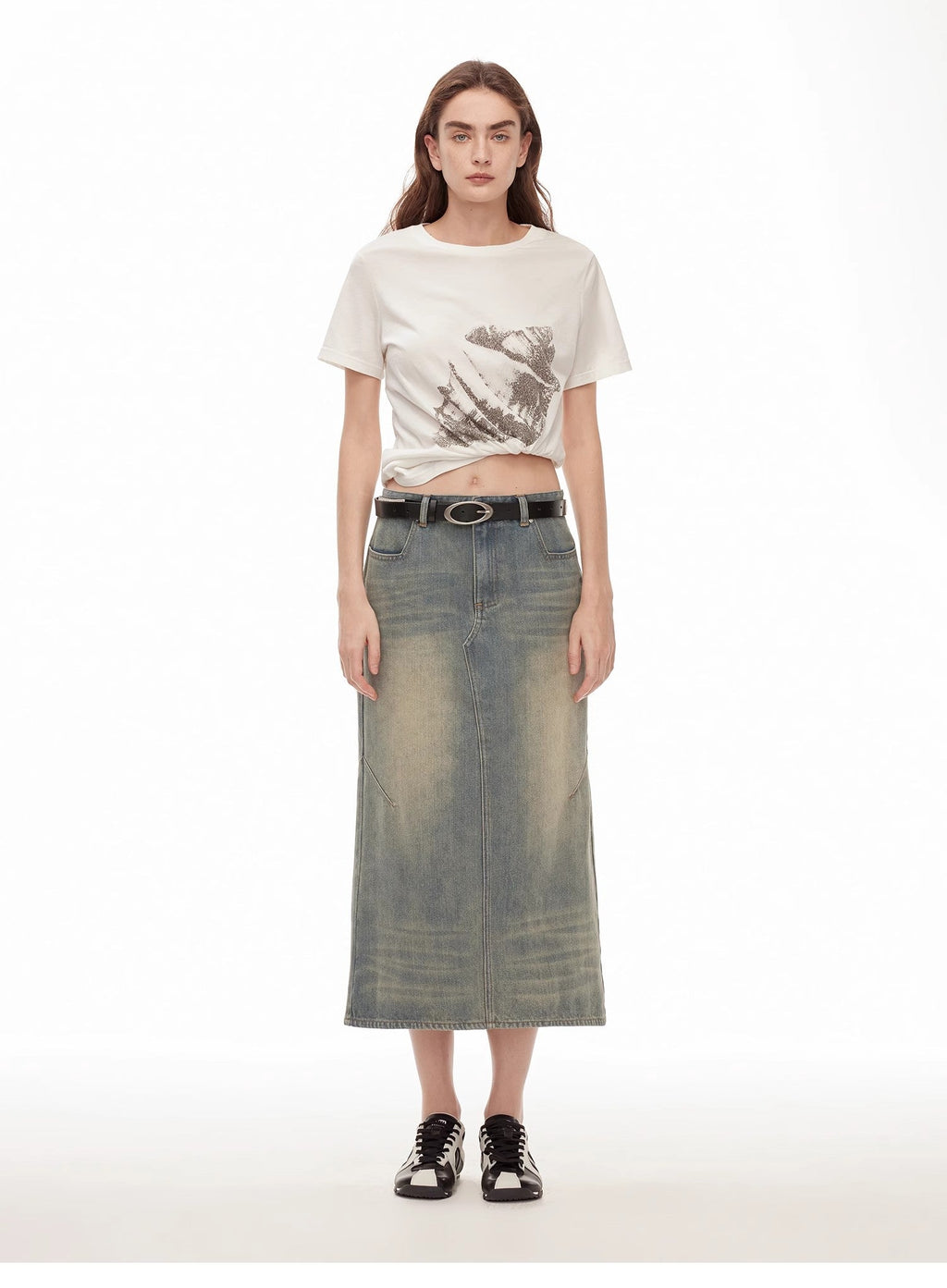 Dawn Denim retro old enzyme washed mid-low waist slim fishtail flared slim denim skirt