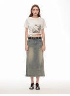 Dawn Denim retro old enzyme washed mid-low waist slim fishtail flared slim denim skirt