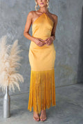 Halter Neck Patchwork Fringe Hem Satin Maxi Dress