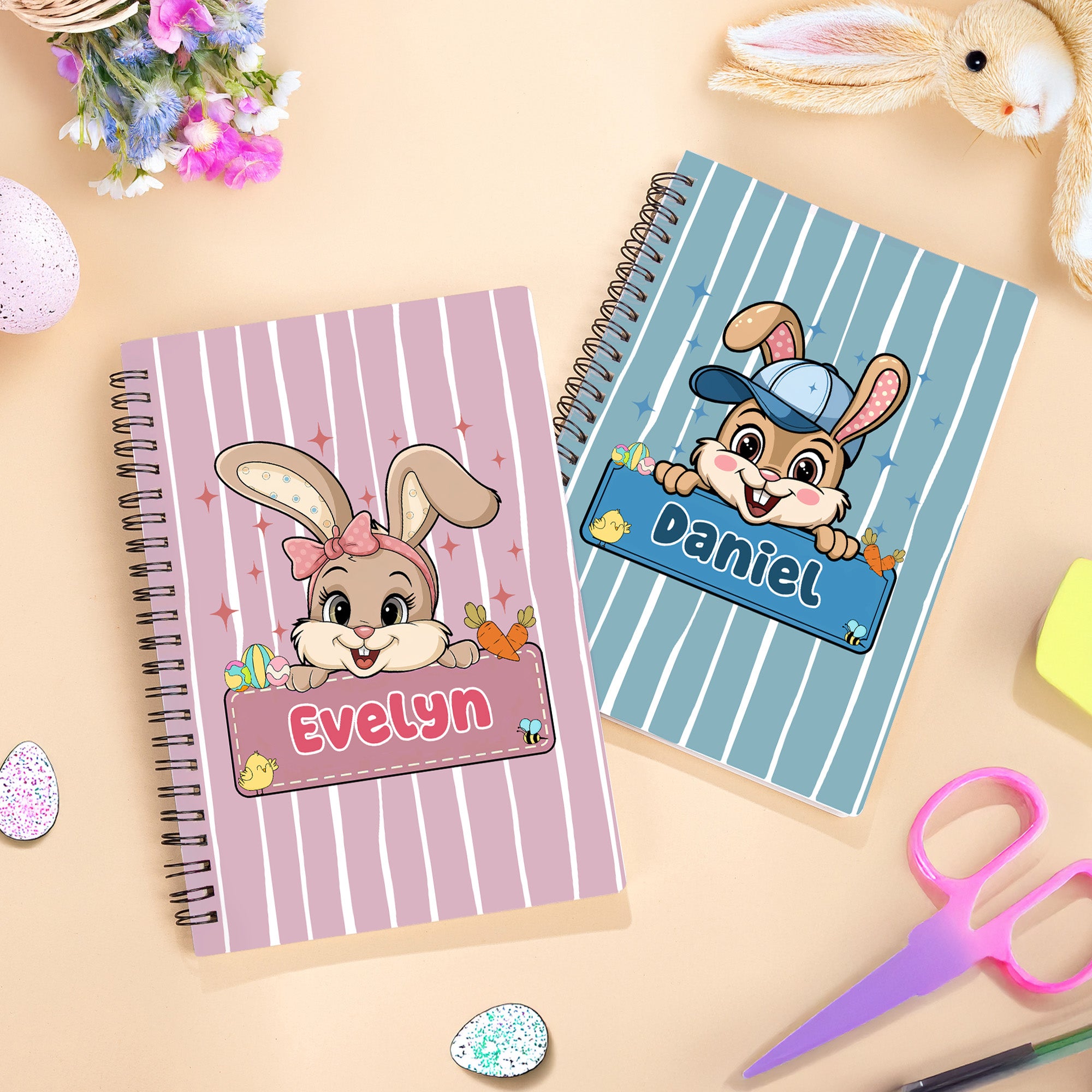 Cuaderno espiral A5 personalizado con nombre y 120 páginas rayadas Conejito bonito Regalo de Pascua para niños
