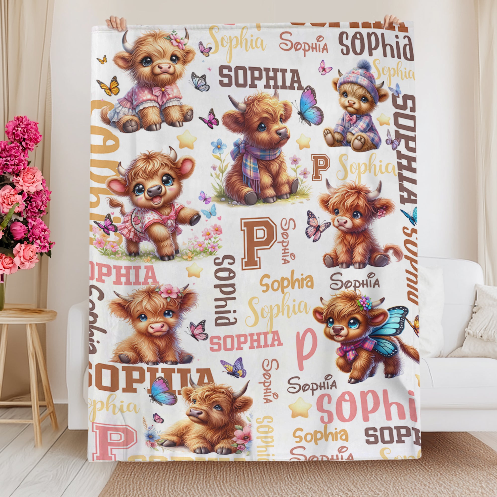 Personalizada Floral Highland Vaca Mariposa Estrella Suave Manta con Nombre e Inicial Decoración del Hogar Baby Shower Cumpleaños Regalo para Niños Bebés