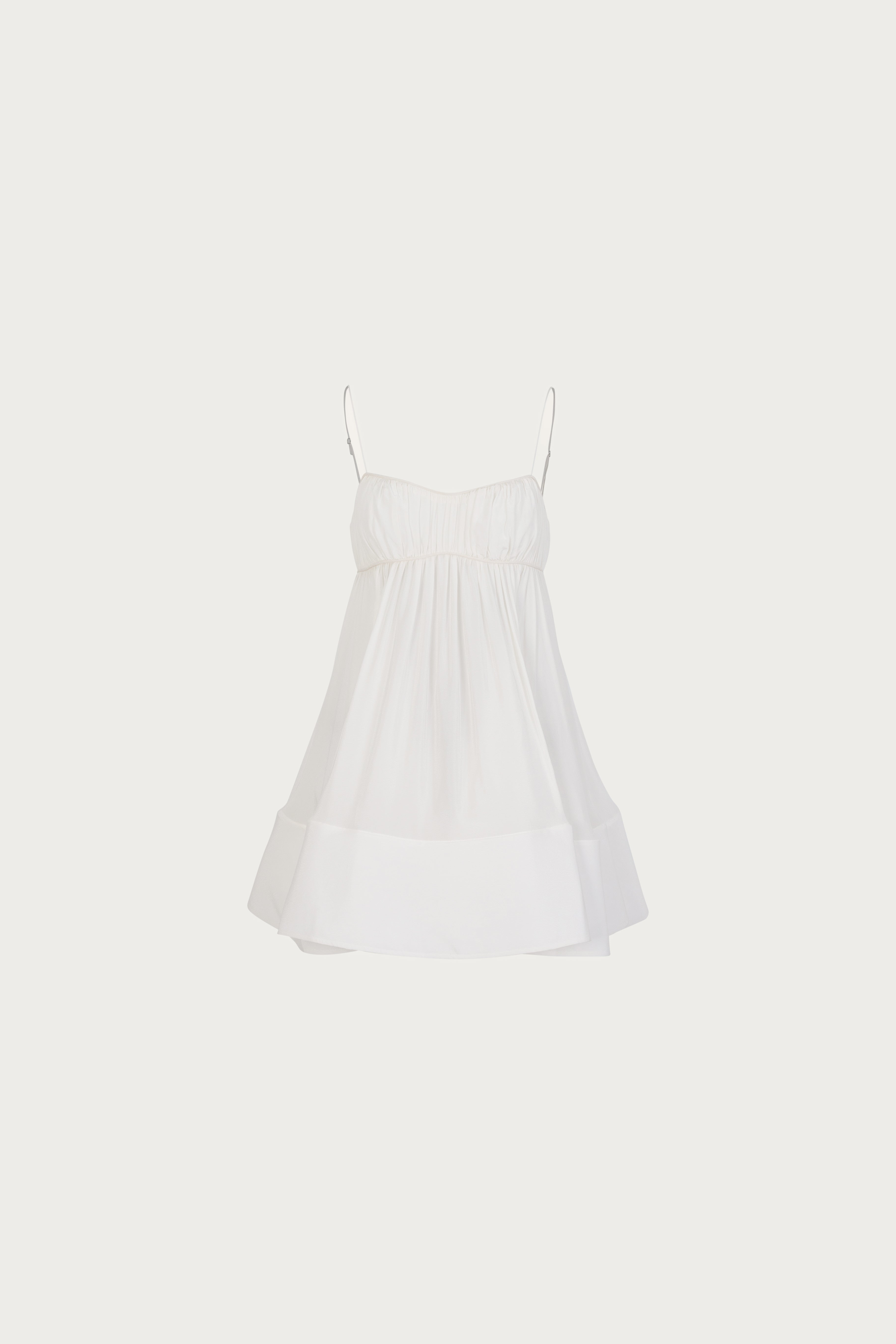 Ruched Flounce Mini Dress (White)