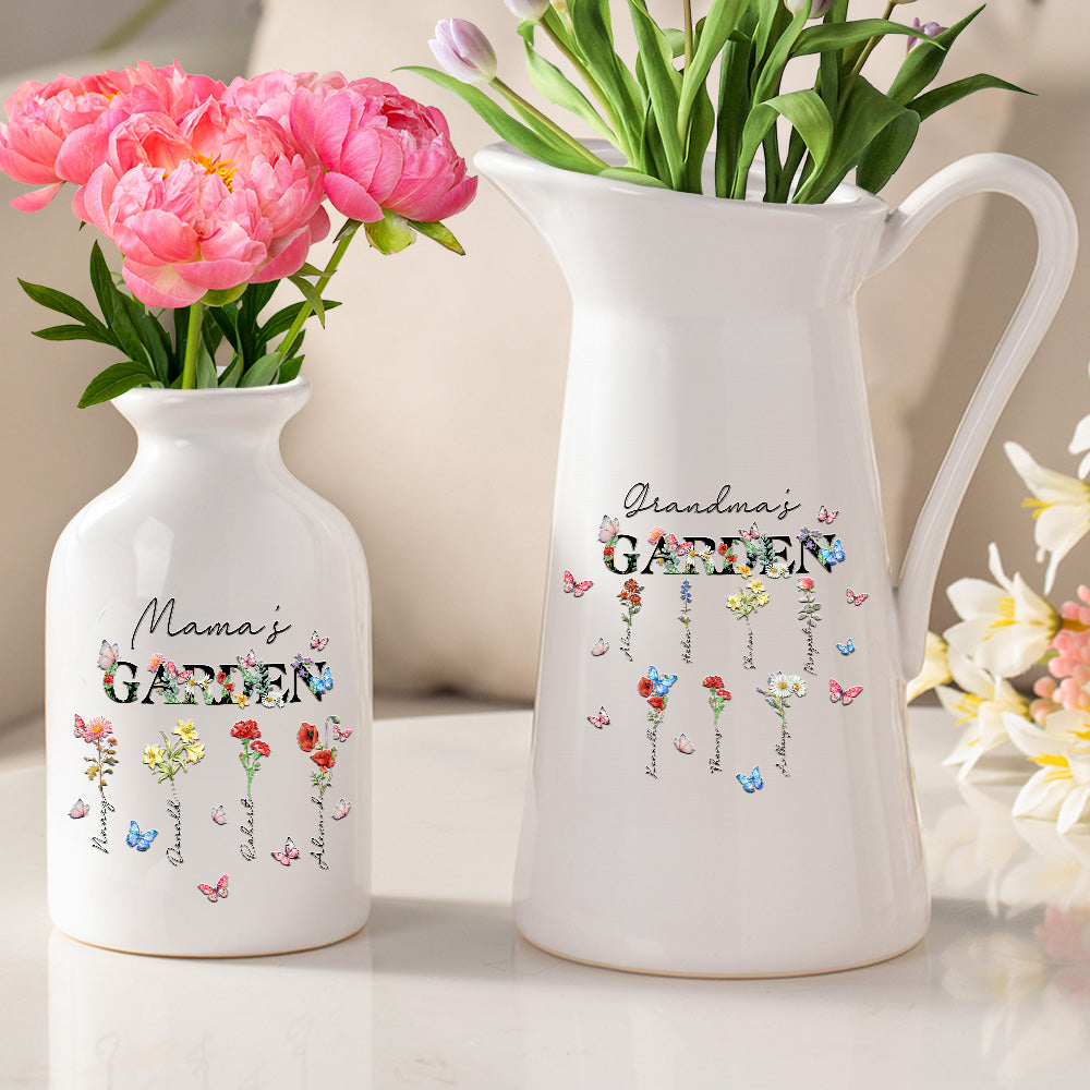 Personalizado Mariposa Nacimiento Flor Jardín Florero de cerámica con el título y 1-8 Nombres Cumpleaños Día de la Madre Housewarming Regalo para Mamá Abuela