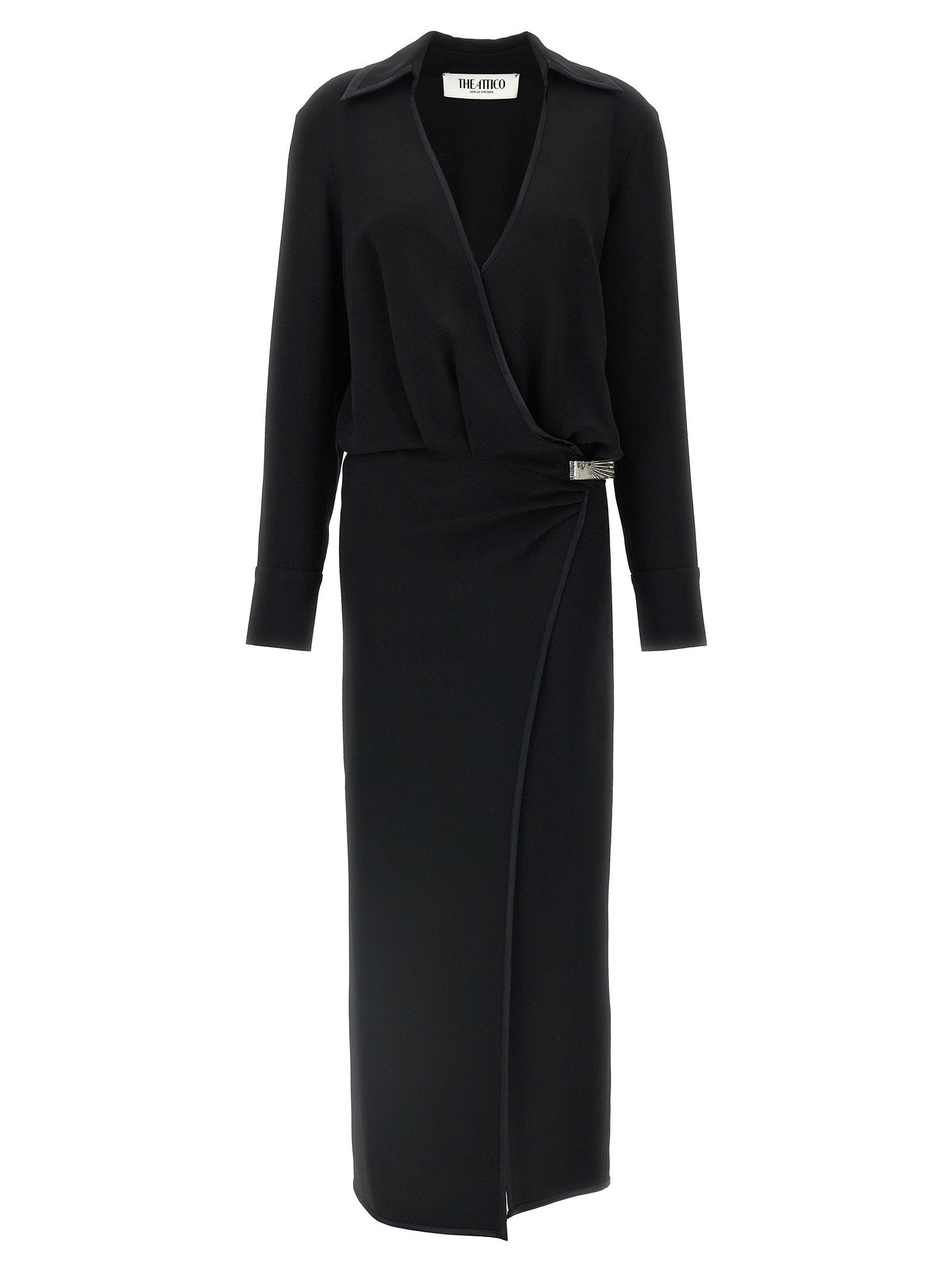 The Attico Cady Wrap with Satin Piping Wrap Dress — Black