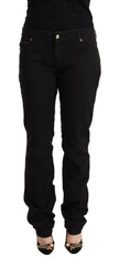 Women's Black Mid Waist Denim Cotton Skinny Jeans Elastane Clothing