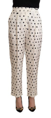Women's White Polka Dotted High Waist Tapered Pants Viscose Elastane