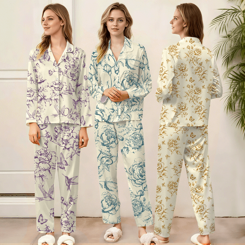 Pijama rústico personalizado de flores Toile De Jouy para mujer con nombre Uso diario Aniversario Cumpleaños Regalo para mujer