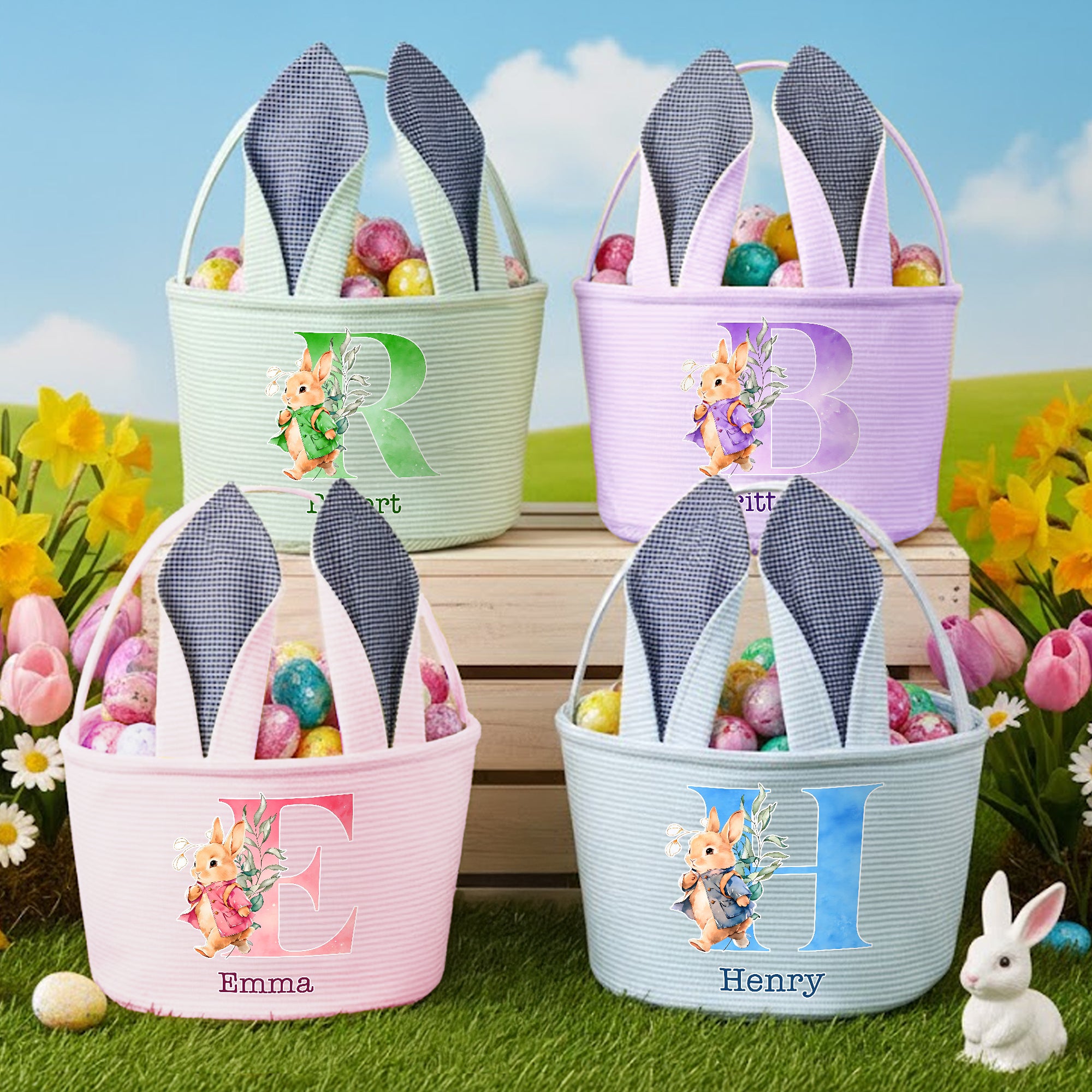 Cesta de Pascua con Orejas de Conejo de Acuarela Personalizada a Rayas con Inicial y Nombre Fiesta de Pascua Favor Huevos de Caza Regalo para Niños