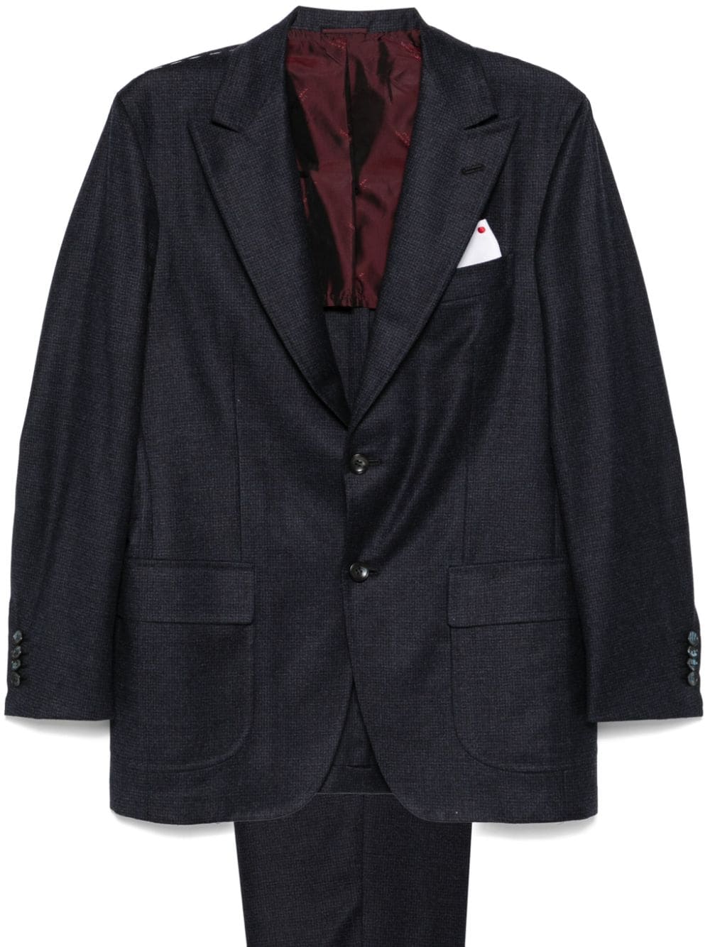 Kiton Wool-Cashmere Check Pant Suit — Navy