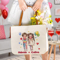 Bolsa de lona personalizada de dibujos animados con nombre y asa de piel de PU Esenciales para viajes Cumpleaños Regalo de San Valentín para parejas