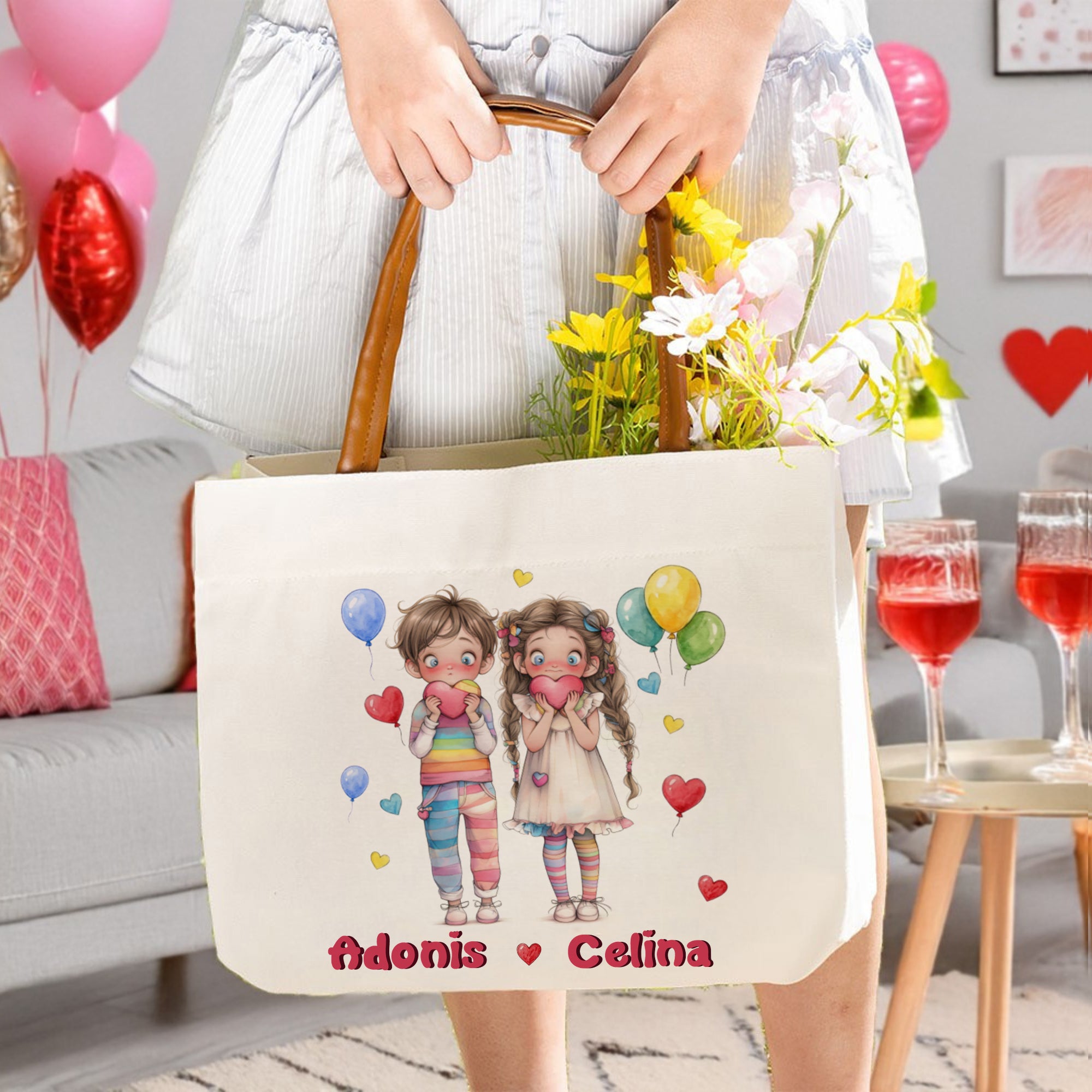 Bolsa de lona personalizada de dibujos animados con nombre y asa de piel de PU Esenciales para viajes Cumpleaños Regalo de San Valentín para parejas