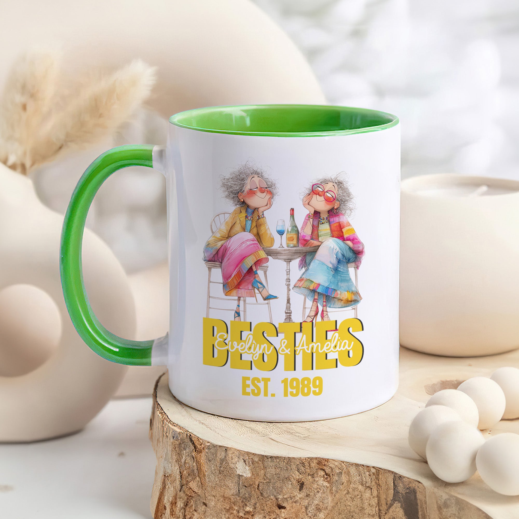 Personalizada estilo acuarela personaje Besties 11 oz 15 oz Taza de cerámica con el nombre y el año Cumpleaños Navidad Regalo para amigo Besties