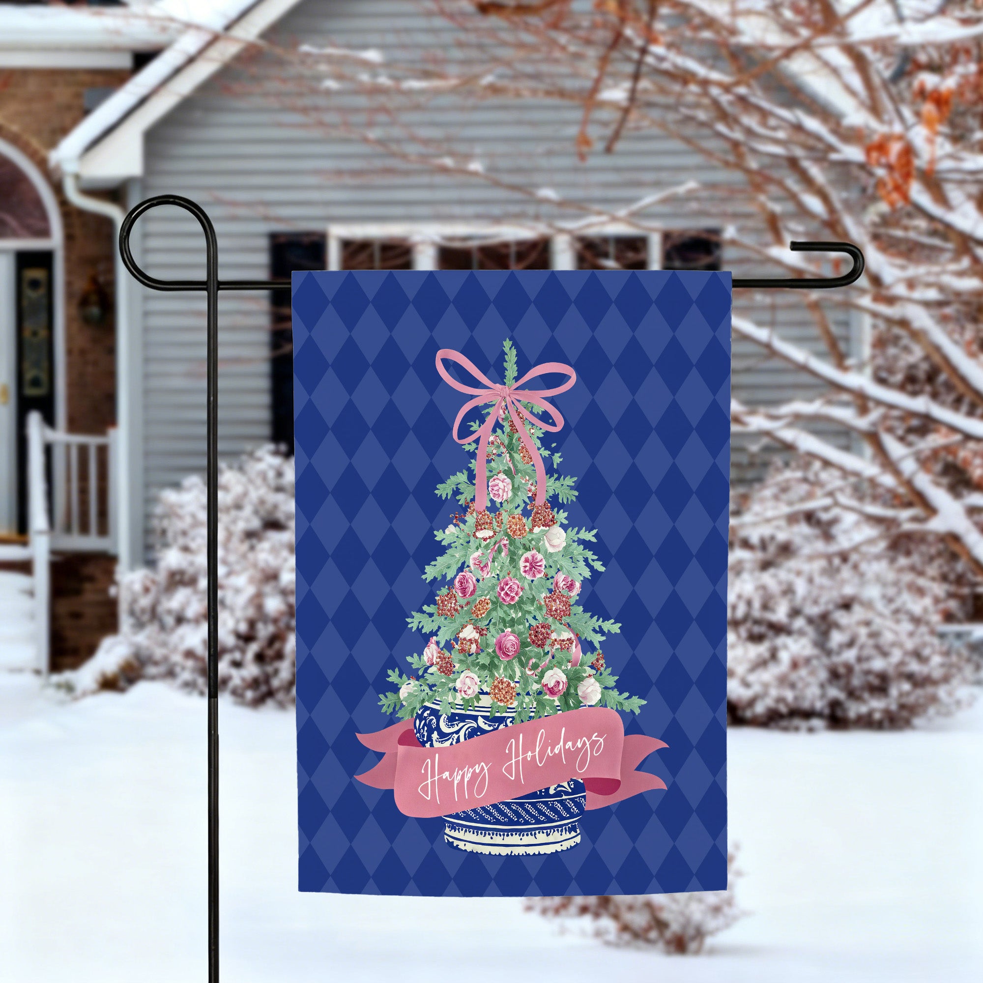 Chinoiserie personalizada Vintage Christmas Tree Garden Flag with Name amd Initial Decoración de exterior Regalo de Navidad para la familia amantes de la jardinería