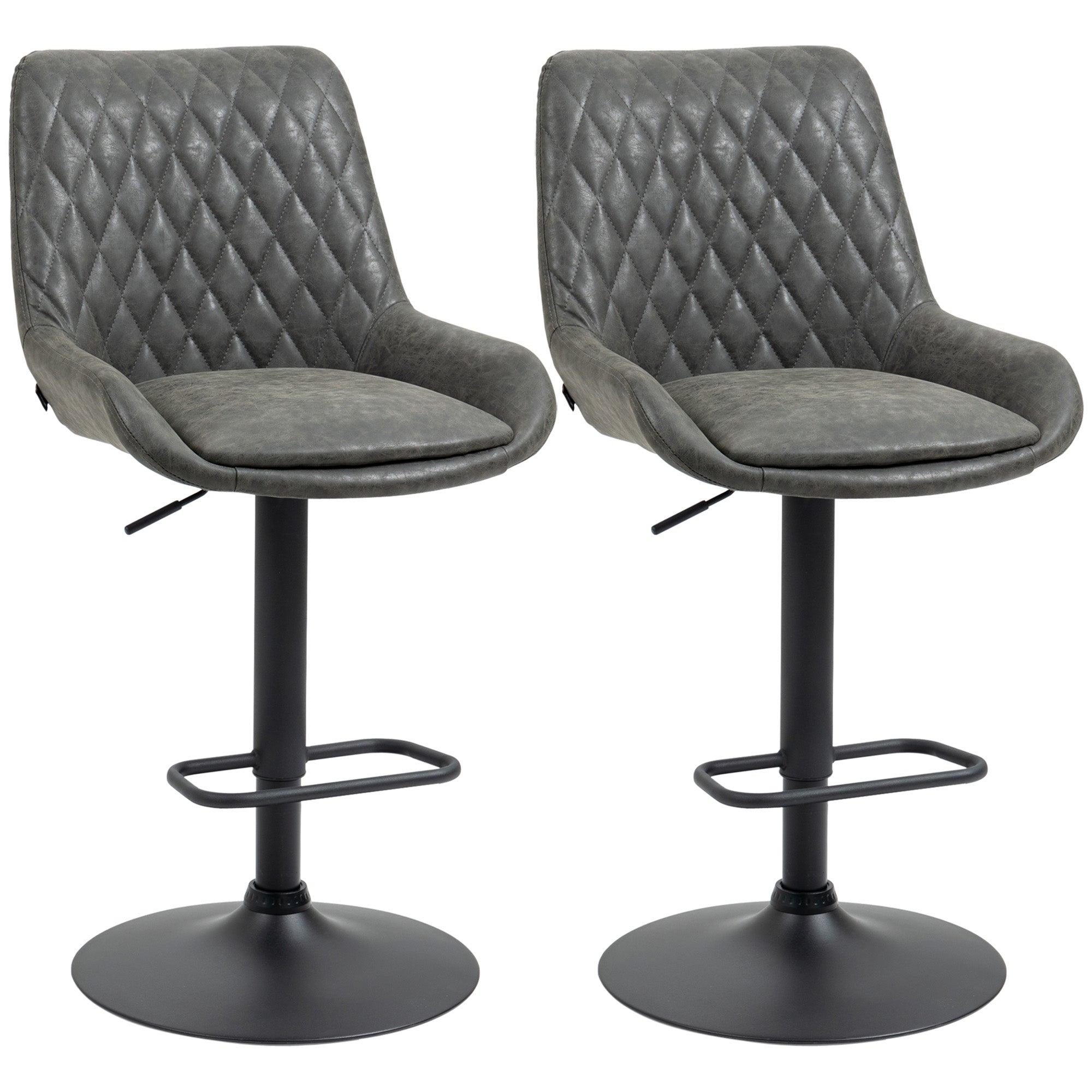 Retro Bar Stools Set of 2 with Wide Seat, Height Adjustable Swivel Dining Chairs, Dark Grey