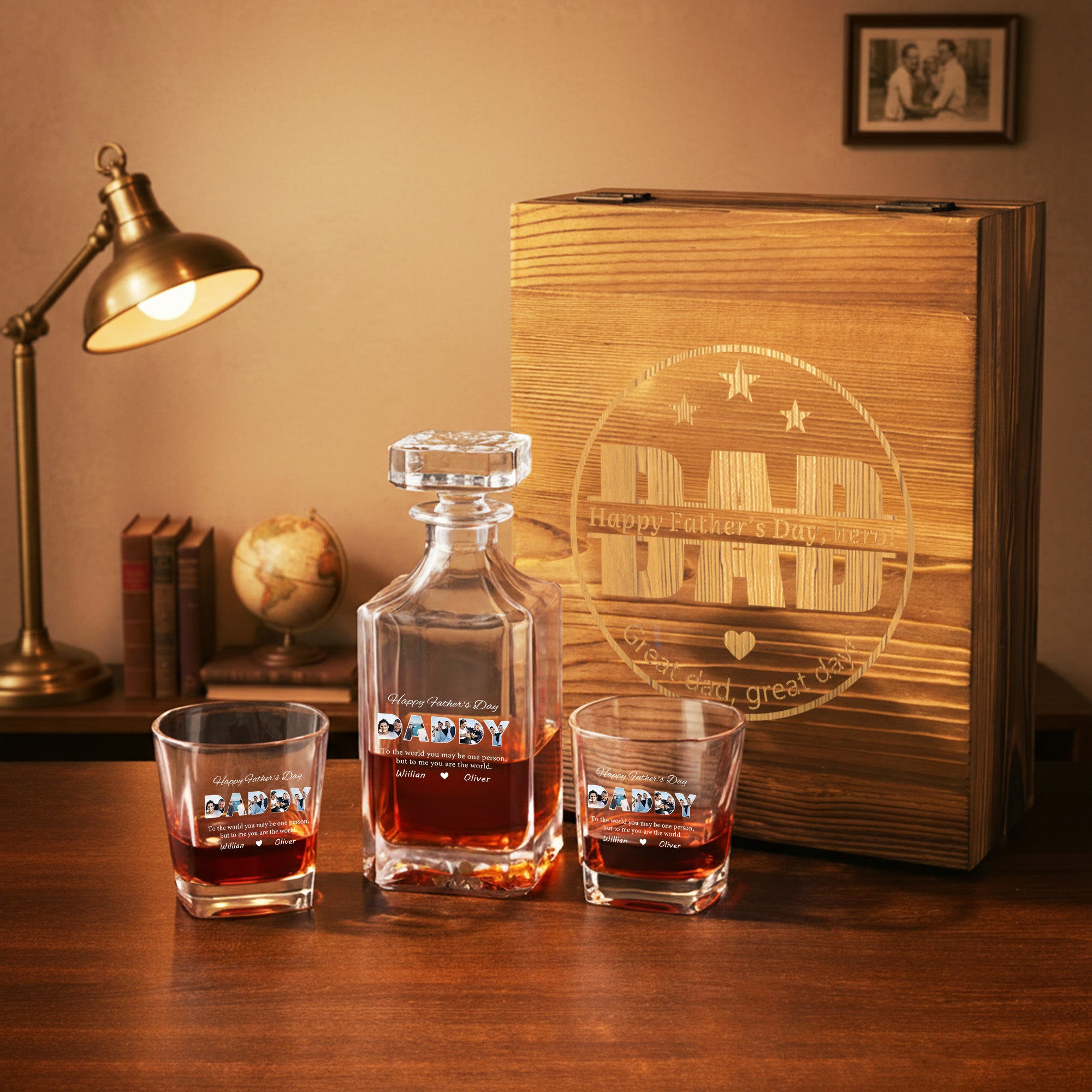 Set de 2 copas de whisky personalizadas con fotos de la familia y nombres para el Día del Padre Regalo de aniversario para papá